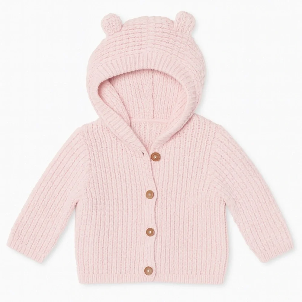 Baby Pink Knit Hooded Cardigan With Bear Ears
